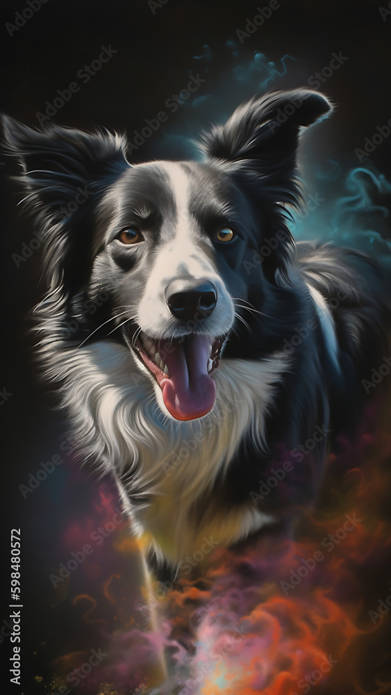 A Border Collie in the middle of colorful smoke coming out of his back, dark background 01. AI Generative
