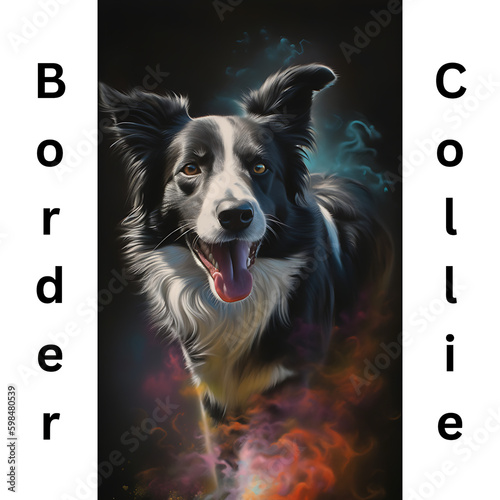 A Border Collie in the middle of colorful smoke coming out of his back, dark background 02. AI Generative