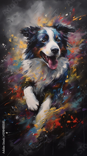 A Border Collie portrait in the middle of a colorful Oil painting with a dark background. AI Generative