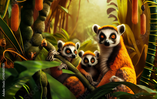 A Heartwarming Glimpse into the Enchanting World of the Lemur  Capturing the Essence of Family and Connection in the Wild Nature  cute illustration with beautiful colors - AI Generated 