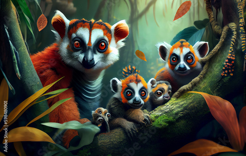 A Heartwarming Glimpse into the Enchanting World of the Lemur: Capturing the Essence of Family and Connection in the Wild Nature, cute illustration with beautiful colors - AI Generated 