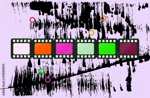 3d cine film. Roll or reel of multi-colored frame on a grunge background. The concept of the film industry, the art of photography, picture processing, negative. Filmstrip slide, series, TV. Vector.
