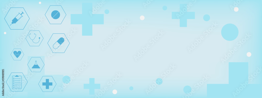 Obraz premium Medical infographic banner background, clinic, pharmacy, laboratory test and research. Healthcare concept backdrop.