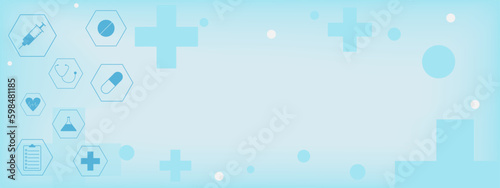 Medical infographic banner background, clinic, pharmacy, laboratory test and research. Healthcare concept backdrop.