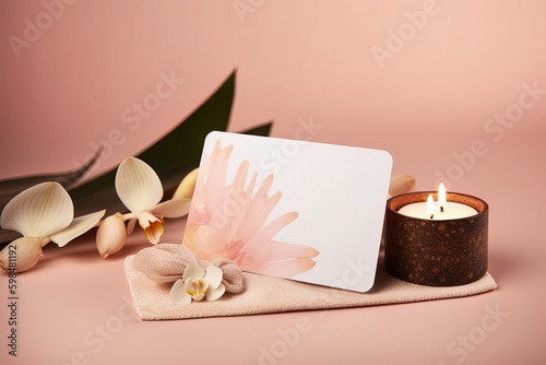 Close up with Spa service gift card on wooden table. Still life concept