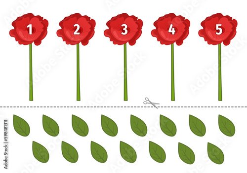 Counting educational children game, math kids activity sheet. Cut out and glue the correct number of leaves on each flower.
