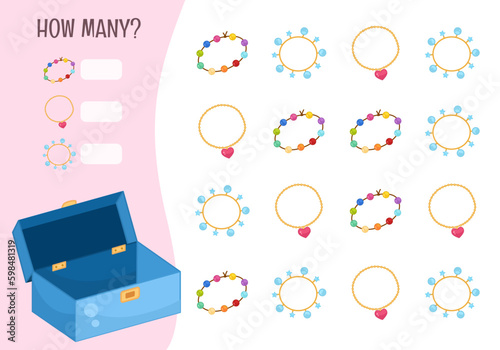 Counting educational children game, math kids activity sheet. How many objects task. Vector illustration of beautiful jewelry box.
