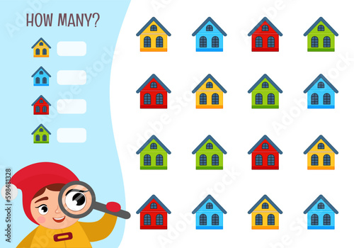Counting educational children game, math kids activity sheet. How many objects task. Vector illustration of cute girl.
