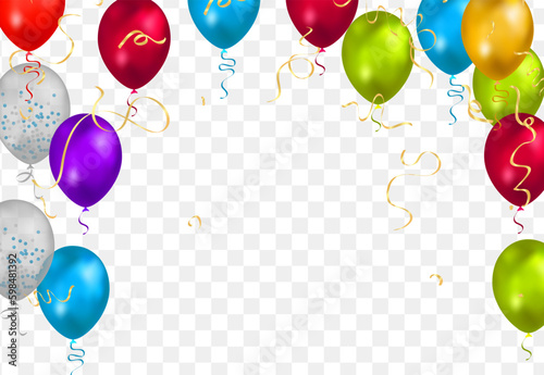 Colorful balloons with confetti on transparent background. Vector illustration.