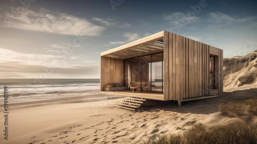 Cozy modern beach cabin with a wooden facade. Generative AI © piai