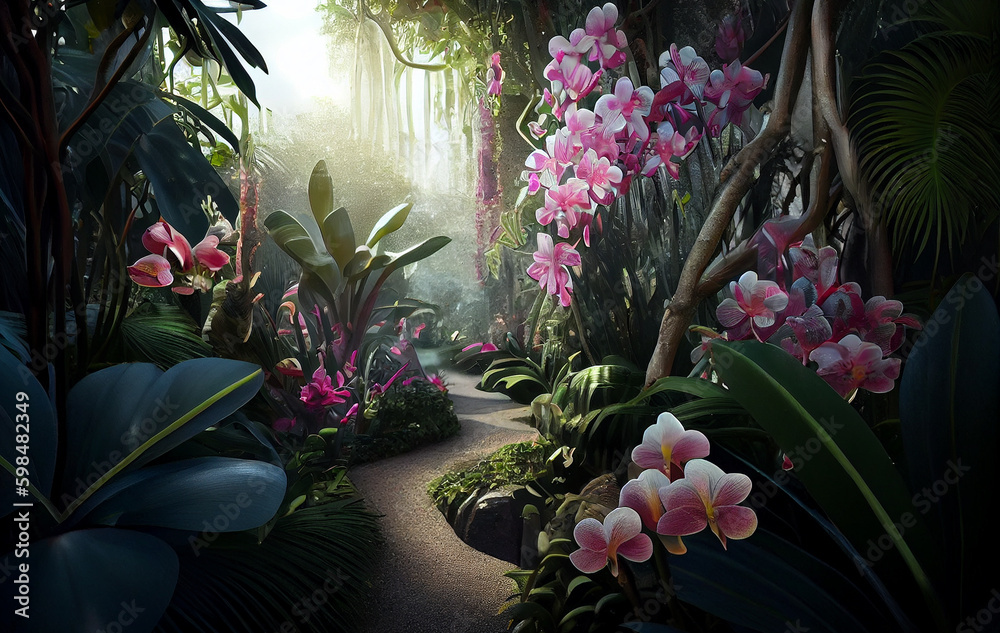 Fototapeta premium Jungle Blossoms Unfurling: Vivid Flowers Blooming in Nature Amidst the Gentle Caress of a Soft Breeze, Inviting Nature's Creatures to Revel in Their Beauty and Colors. This Colorful Scene is AI genera