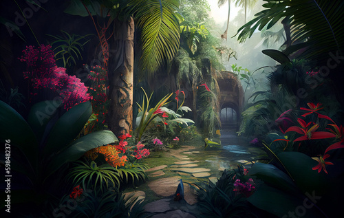 Jungle Blossoms Unfurling: Vivid Flowers Blooming in Nature Amidst the Gentle Caress of a Soft Breeze, Inviting Nature's Creatures to Revel in Their Beauty and Colors. This Colorful Scene is AI genera