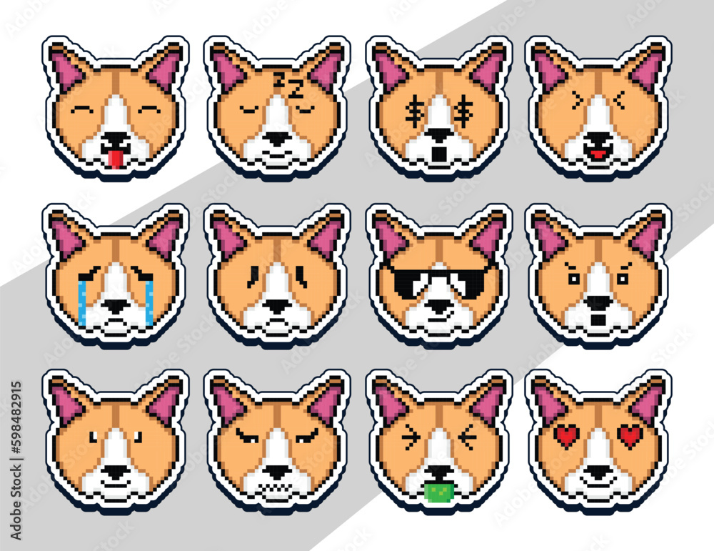 pixel art cat face emoji sticker. pixel sticker design