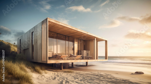 Cozy modern beach cabin with a wooden facade. Generative AI