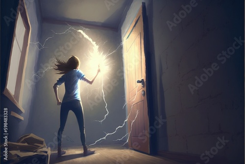 Electric bolt-wielding woman shattering wall. Fantasy concept , Illustration painting. Generative AI