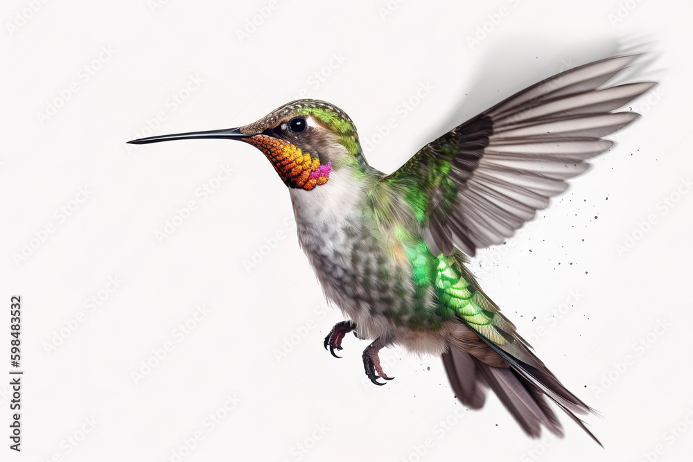 Fototapeta premium image of brightly colored hummingbirds in flight on white background. Wildlife. Birds. illustration, generative AI.