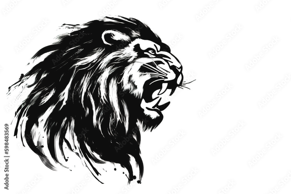 Obraz premium Image of a lion drawing using a brush and black ink on white background. Wildlife Animals. Illustration, generative AI.