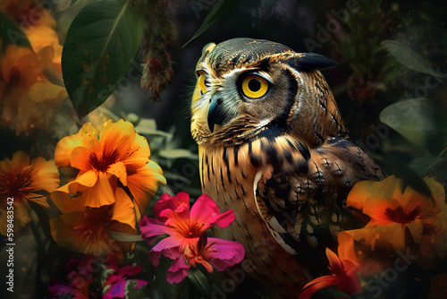 Image of brightly colored owl with colorful tropical flowers. Wild Animals. Birds. illustration. Generative AI.