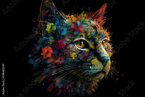 Image of a cat head with beautiful bright colors on a dark background. Pet. Animals. Illustration, generative AI.