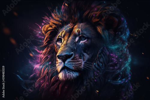 Image of a lion head with beautiful bright colors on a dark background. Wildlife Animals. Illustration  generative AI.