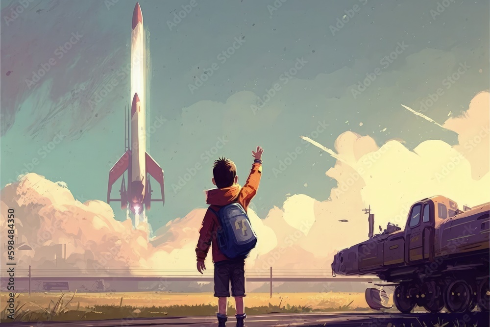 Bye Rocketship Kid waving goodbye in front of a space rocket launch. Fantasy concept ...
