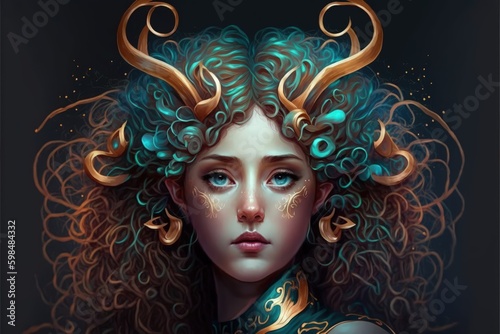 Fantasy/sci-fi character with curled horns resembling a human. Fantasy concept , Illustration painting. Generative AI