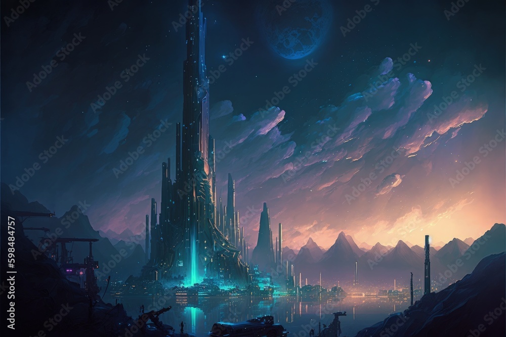 futuristic city skyline with slums and towering structures. Fantasy concept , Illustration painting. Generative AI