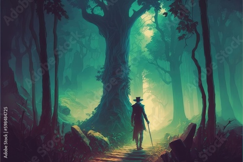 man wielding enchanted staff walking on colossal tree in magical forest. Fantasy concept , Illustration painting. Generative AI © X-Poser