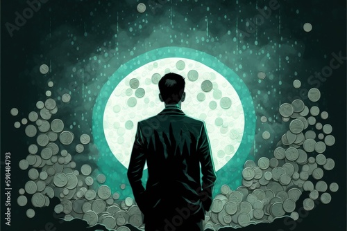 man silhouette standing in a shower of coins, wealth concept. Fantasy concept , Illustration painting. Generative AI