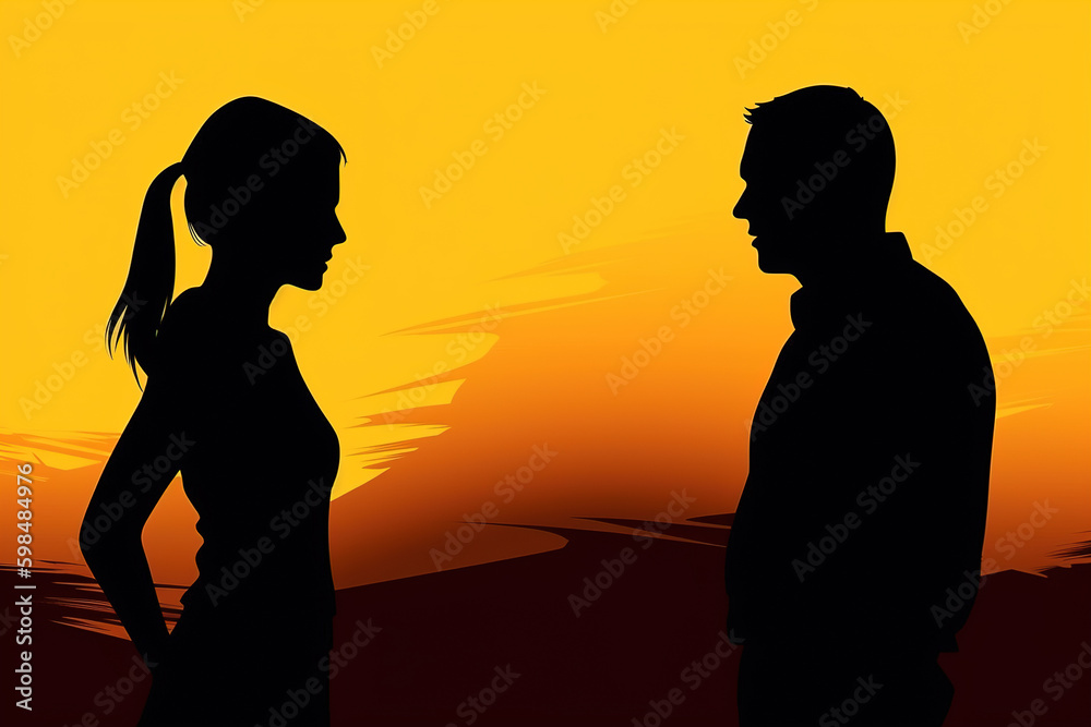 Quarrel, abuse, scandal, relationship problem illustration concept. Silhouette of man and woman, husband and wife are arguing on yellow background. Generative AI