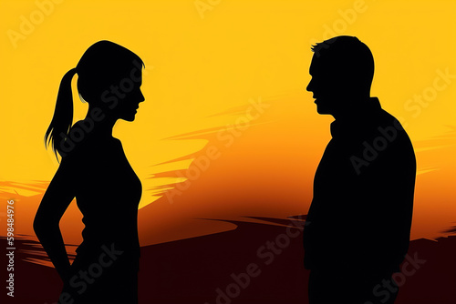 Quarrel, abuse, scandal, relationship problem illustration concept. Silhouette of man and woman, husband and wife are arguing on yellow background. Generative AI