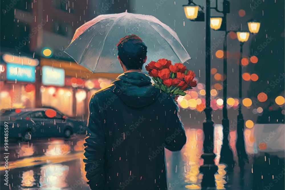 Male carrying flowers holding umbrella standing solitary amid throngs of people crossing street on rainy night. Fantasy concept , Illustration painting. Generative AI