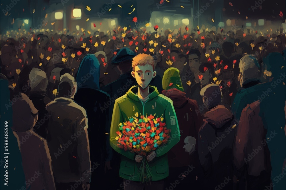 Male carrying flowers holding umbrella standing solitary amid throngs of people crossing street on rainy night. Fantasy concept , Illustration painting. Generative AI - obrazy, fototapety, plakaty 