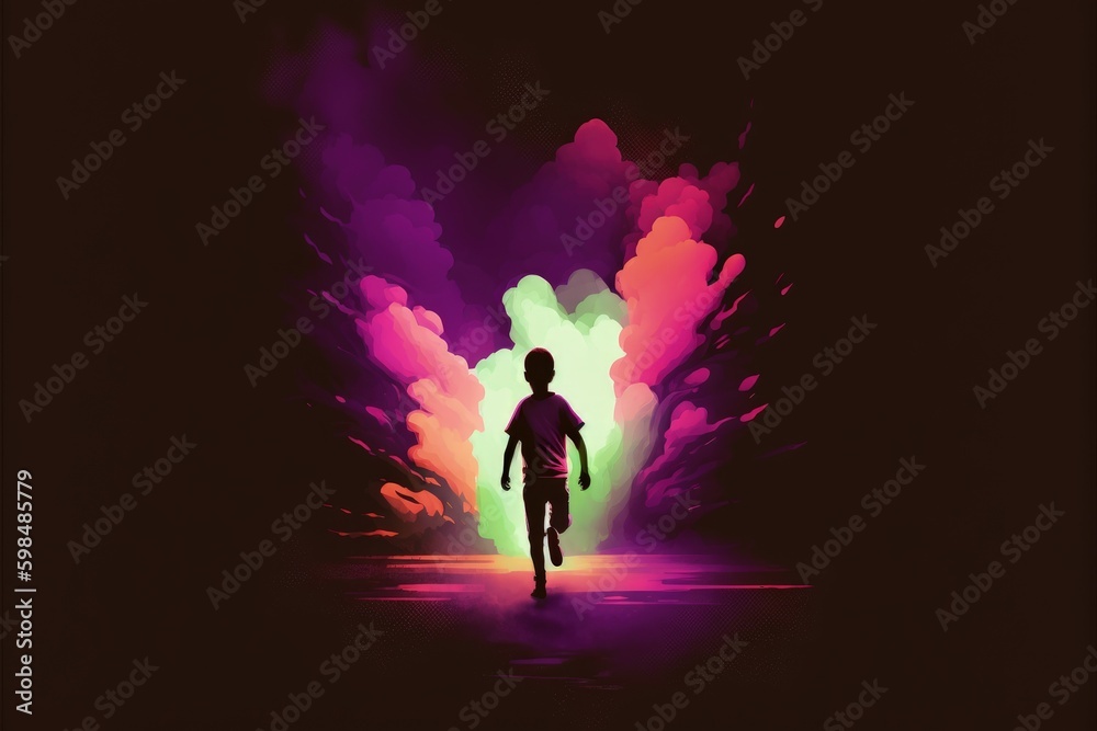 Boy sprinting while lifting up vibrant smoke torch on gloomy background. Fantasy concept , Illustration painting. Generative AI
