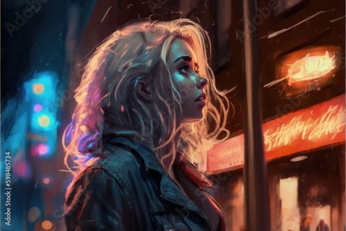 Young lady standing in nighttime city. Fantasy concept , Illustration painting. Generative AI