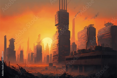 Derelict structures in futuristic metropolis during sundown, science fiction landscape. Fantasy concept , Illustration painting. Generative AI