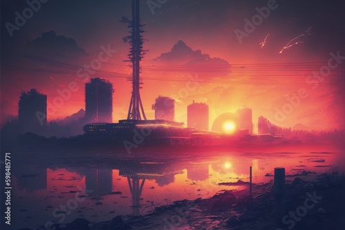 Derelict structures in futuristic metropolis during sundown, science fiction landscape. Fantasy concept , Illustration painting. Generative AI