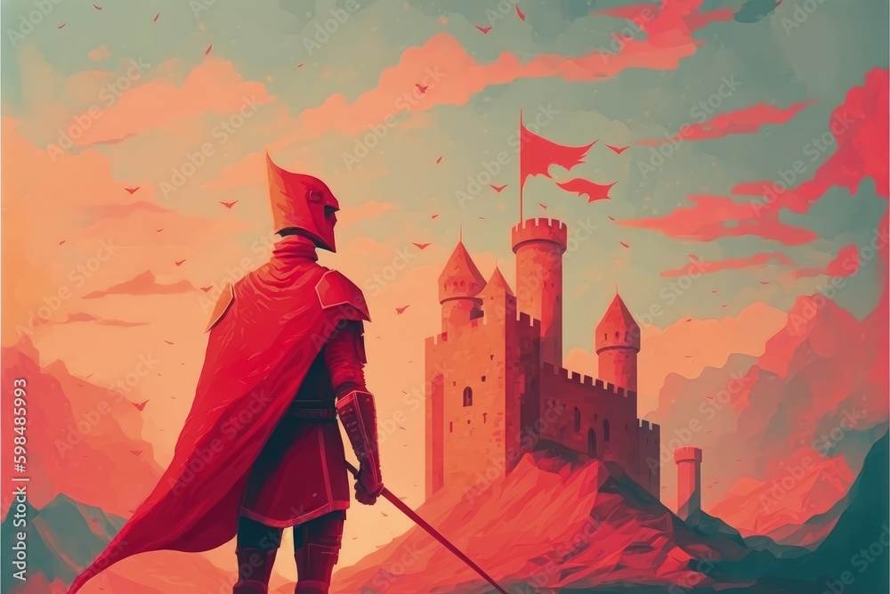 Fototapeta premium red armored knight standing before a fantastical castle amid an orange-clouded sky. Fantasy concept , Illustration painting. Generative AI
