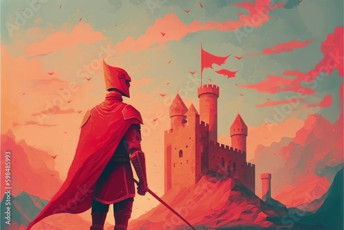 red armored knight standing before a fantastical castle amid an orange-clouded sky. Fantasy concept , Illustration painting. Generative AI
