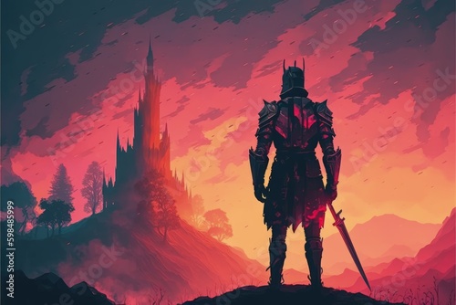Fotomurale red armored knight standing before a fantastical castle amid an orange-clouded sky