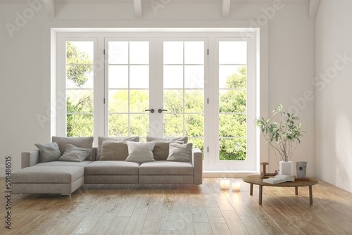 Fototapeta Naklejka Na Ścianę i Meble -  Bright interior design with modern furniture and summer landscape in window. 3D illustration