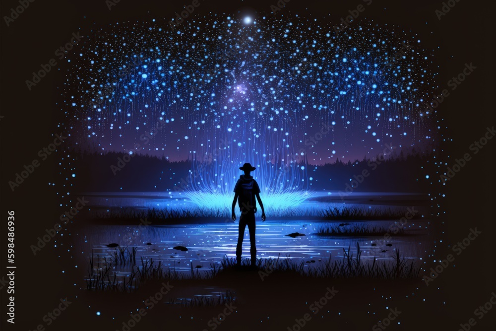 Nighttime view of a male standing in marshland with fireflies and full moon in the backdrop. Fantasy concept , Illustration painting. Generative AI