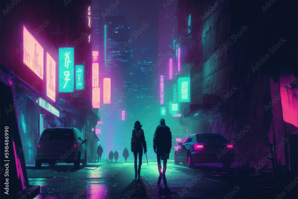 Crowd strolling in the futuristic city at nightfall with multicolored illumination. Fantasy concept , Illustration painting. Generative AI