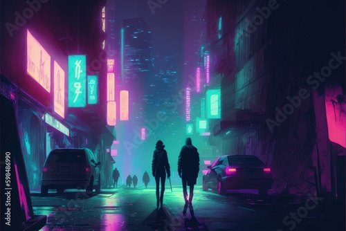Crowd strolling in the futuristic city at nightfall with multicolored illumination. Fantasy concept   Illustration painting. Generative AI