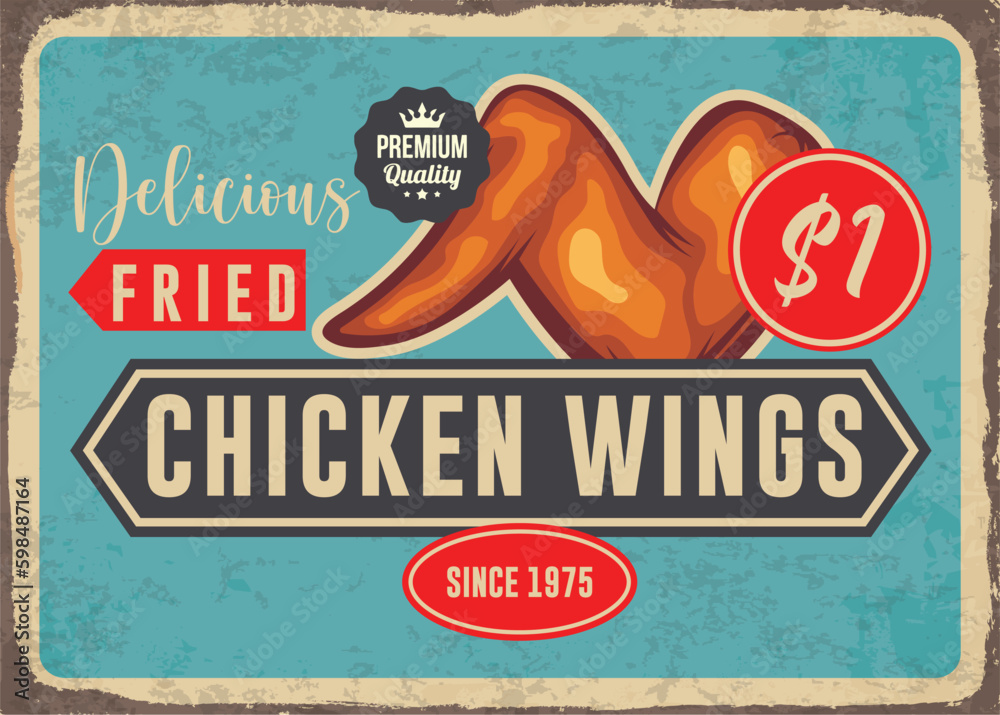 Vintage restaurant sign with crispy fried chicken wing diner poster ...