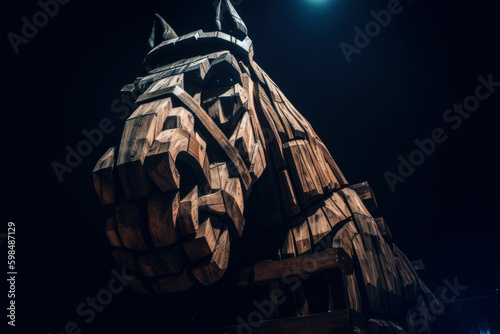 Wooden Trojan Horse head on a dark dramatic background, Generative AI photo