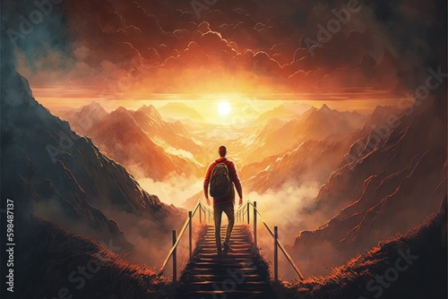 Gentleman standing on mountain stairway gazing at the sundown. Fantasy concept , Illustration painting. Generative AI