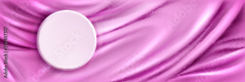Realistic round platform on silk fabric background. Vector illustration of platform mockup on pastel satin for cosmetic product presentation. Contraceptive pill. Sale announcement banner template
