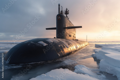 Nuclear military Submarine in north waters of Arctic, generative AI
