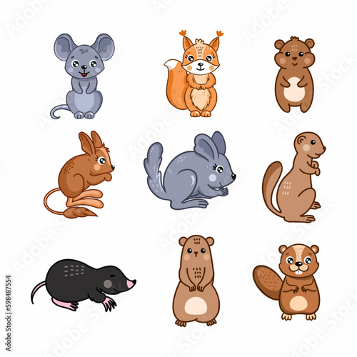 Set of cute animals for children. Collection of rodents. Small pet. Cartoon style drawing.